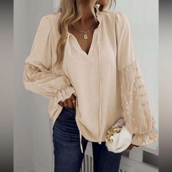 Tops - Elegant Oversized Cream Blouse with Semi-sheer Embroidered Sleeves
